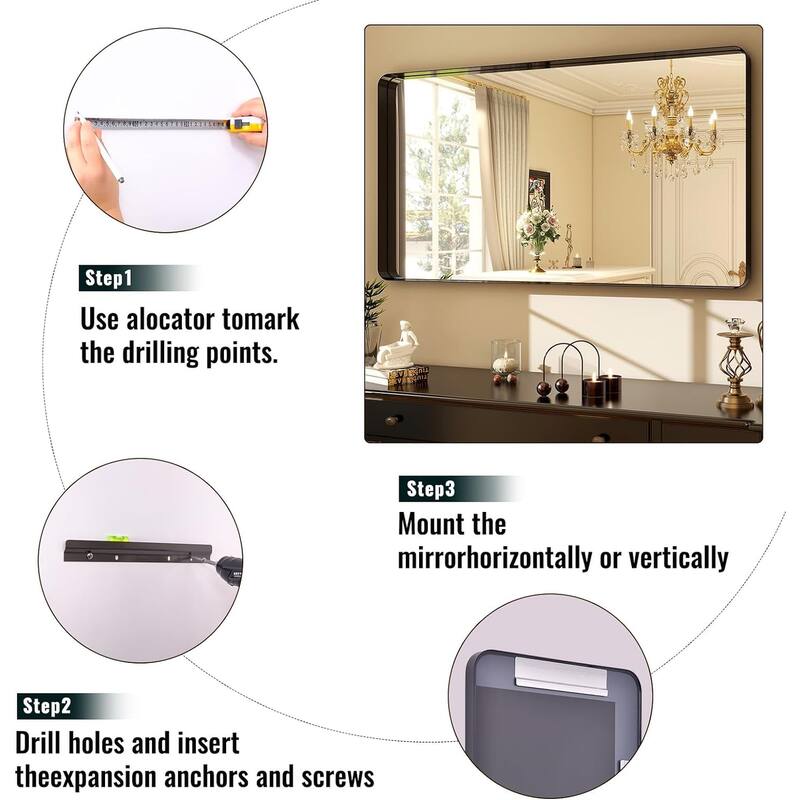 Organnice Rectangular Aluminum Framed Modern Rounded Wall Mount Mirror