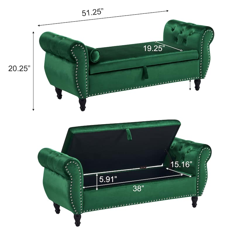 51.25" Velvet Storage Ottoman Bench with Rolled Arms and Wood Legs