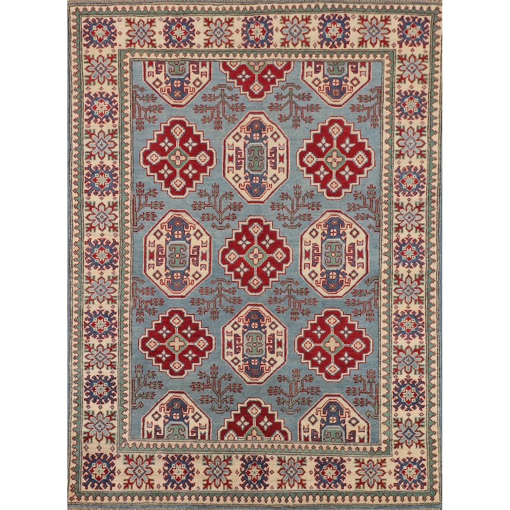 Light Blue Geometric Kazak Rug Hand-Knotted Oriental Wool Carpet - 4'11" x 6'8"