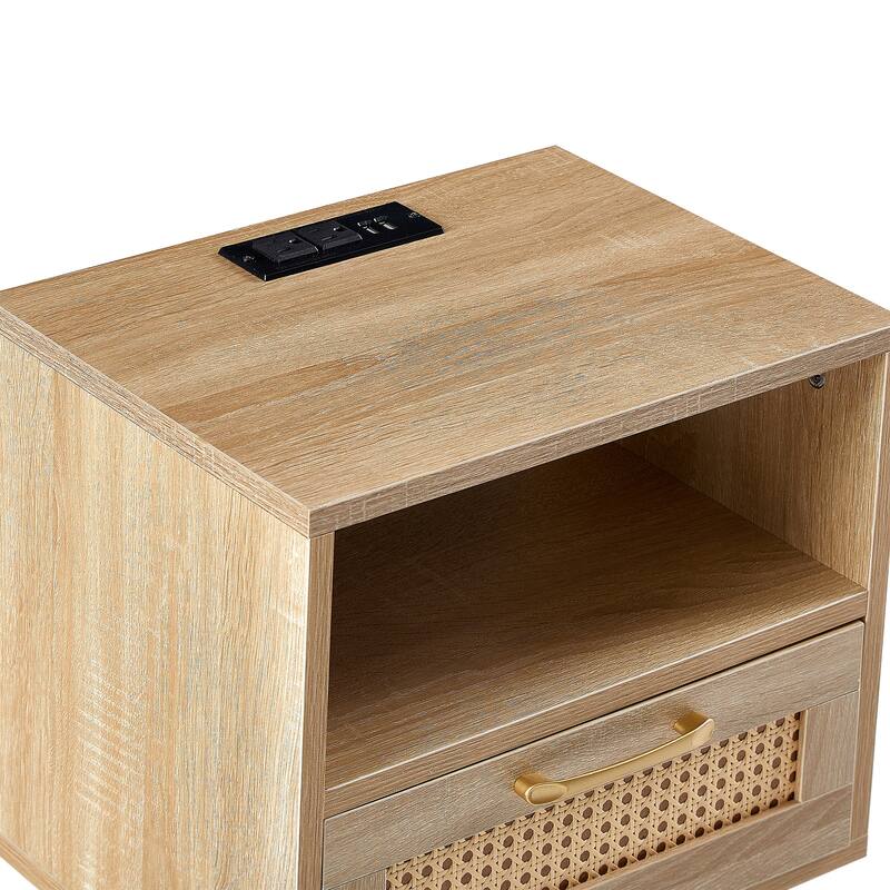 15.75" Rattan End table with Power Outlet & USB Ports, nightstand with drawer and solid wood legs, side table
