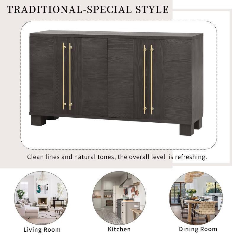 Traditional Wood Sideboard Buffet Cabinet with Adjustable Shelves and Gold Handles for Kitchen and Dining Room