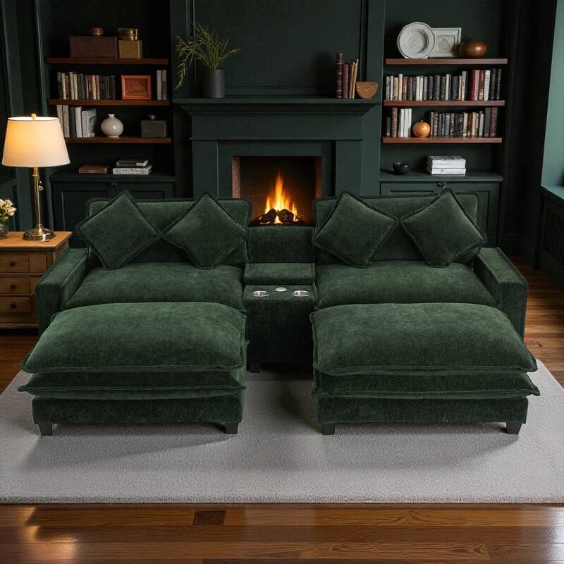 111" Chenille Upholstered Sectional Sofa with 2 Ottomans, USB Ports, Cup Holders and Storage Box for Living Room