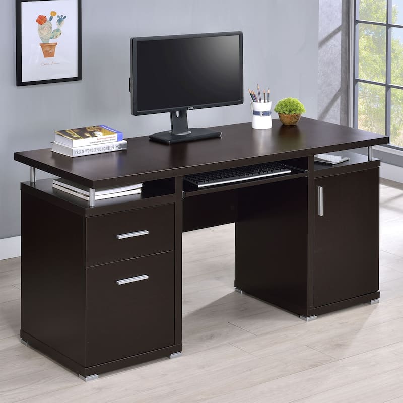 GDFStudio - Rochelle 2-Drawer Office Computer Desk with Storage Drawer, Door Cabinet - Cappuccino