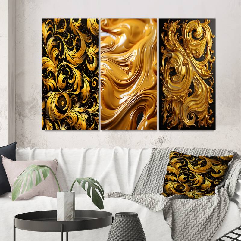 Designart "Golden Ornament Pattern On Black V" Abstract Spirals Gold - Gallery Wall Set Of 3 For Home Decor