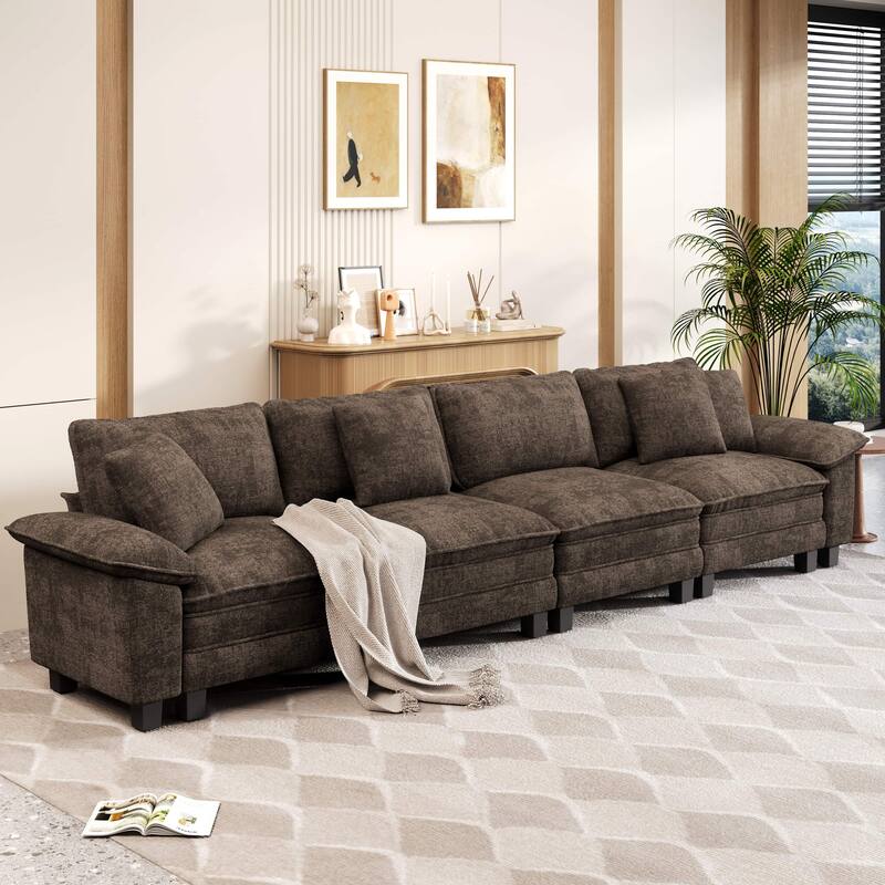 MAISON ARTS Cloud Modular Deep Seat Sofa, Chenille or Corduroy Sectional Couch with Removable Arms, 1–4 Seater - Brown Chenille(4 Pieces) - Symmetrical