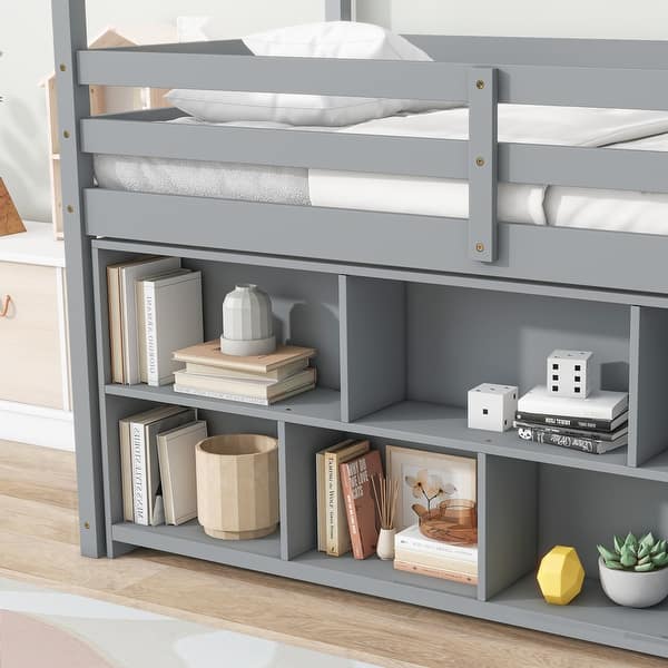 slide 2 of 20, Multifunctional Design Twin Size Loft Bed with Built-in Shelves Grey