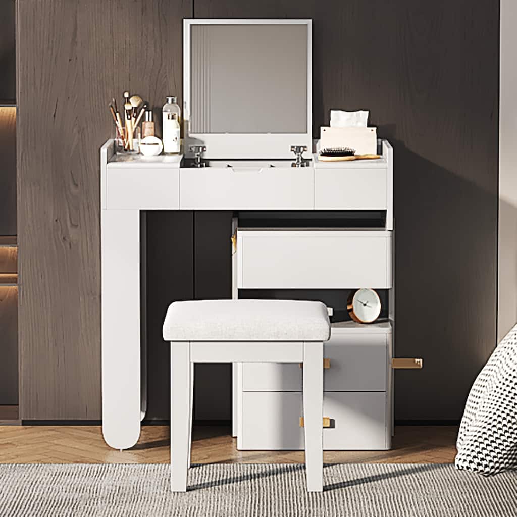 3-in-1 Makeup Vanity Desk with Flip-Top Mirror, LED Lighting, Adjustable Length Drawer