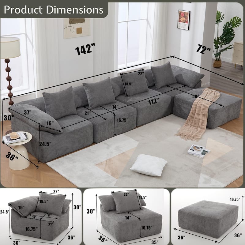 142" L Shaped Modular Sectional Sofa No Assembly