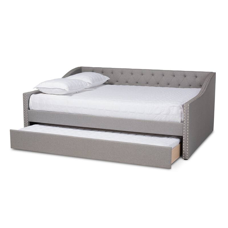 Full Size Daybed with Trundle, Light Grey Upholstered Bed Frame, Button Tufted Design