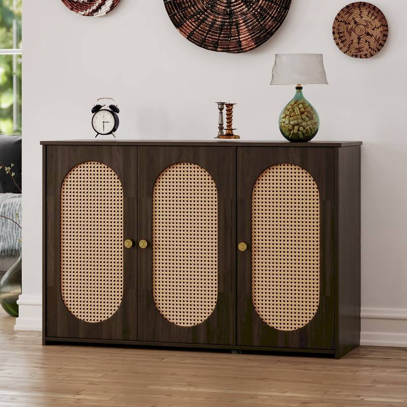 Oval Rattan Doors Sideboard with Adjustable Shelves - Brown