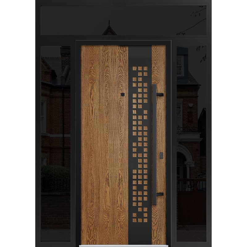 Exterior Prehung Steel Entry Door Ronex 0131 Grey 2 Sidelites Top Window Stainless Steel Inserts 16+36+16x96 Left Hand - Beige - 68" x 96"