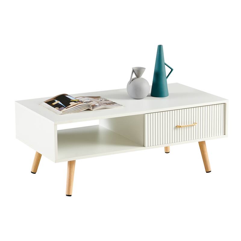 Rectangle Coffee Table with Solid Wood Legs, Sliding Drawer for Storage, Modern Table for Living Room