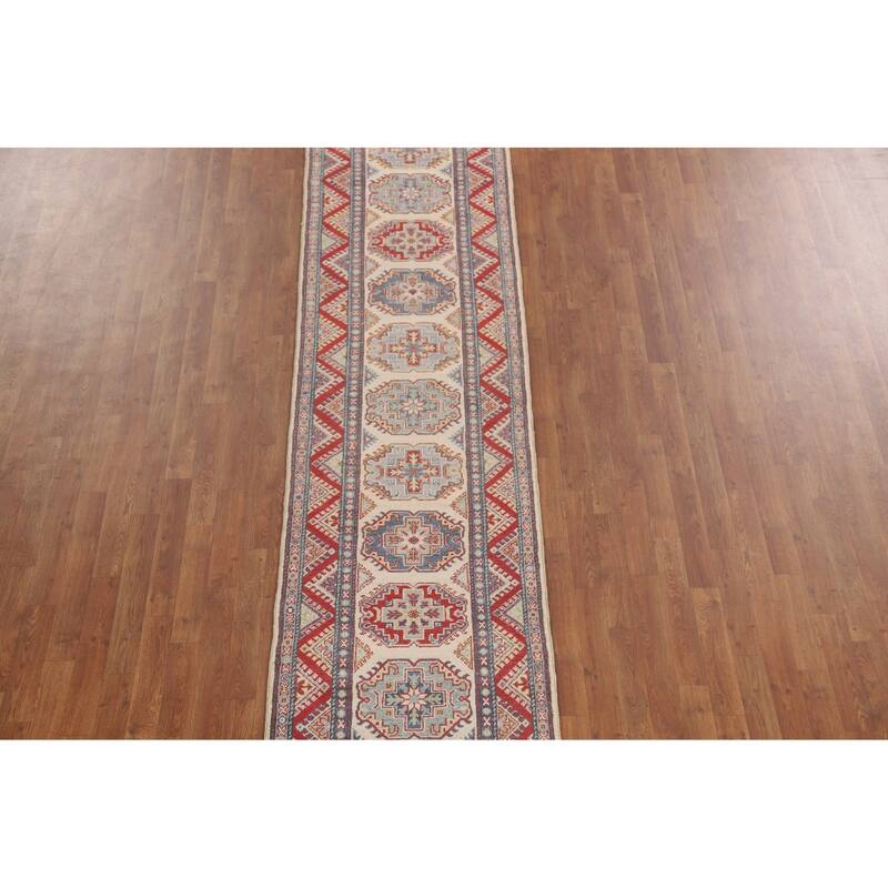 Geometric Kazak Runner Rug Handmade Beige Wool Carpet - 2'7" x 15'6"