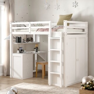 Elegant Twin size Loft Bed with Drawers, Desk and Wardrobe, Health and Comfort, Sturdy Construction & Safety Guaranteed, White