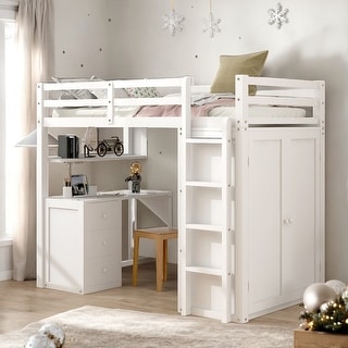 Twin size Loft Bed with Drawers, Desk and Wardrobe, Space-saving, White