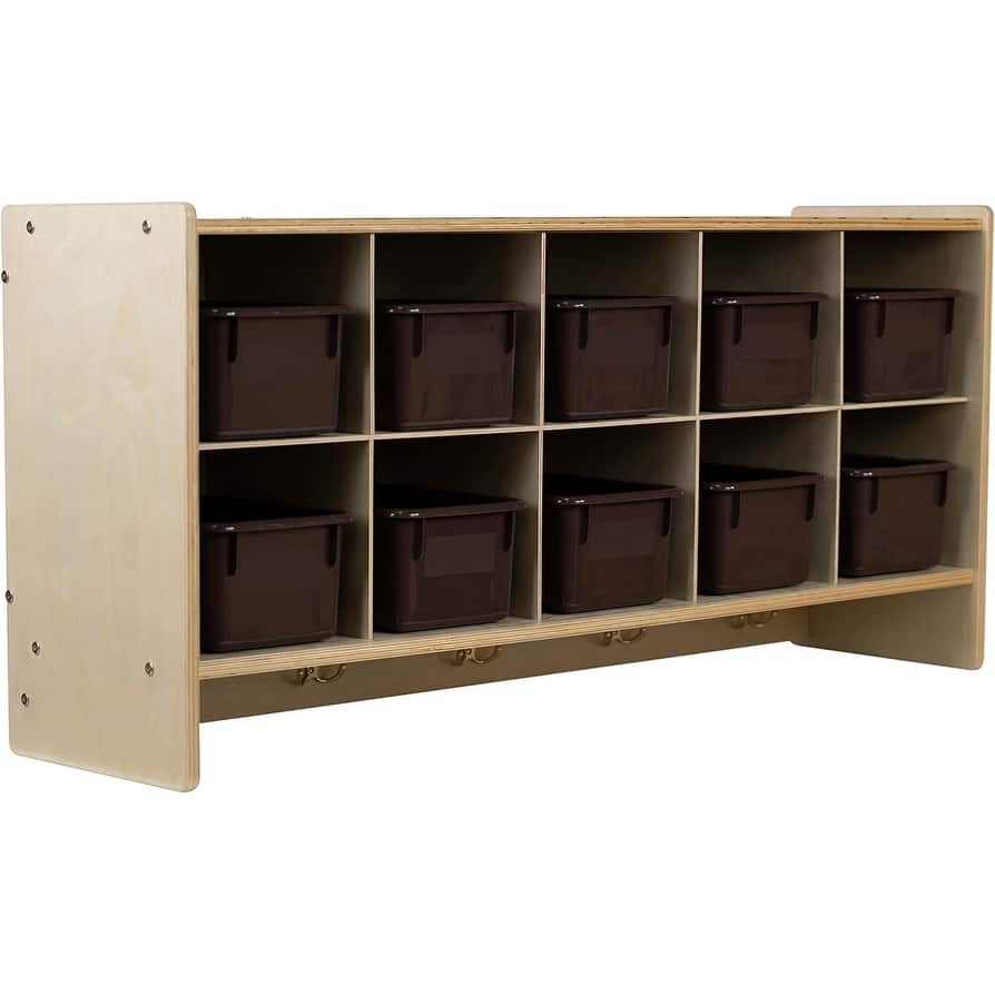 RRI Goods 10 Section Wall Mount Classroom Storage Organizer, Cubby Shelving with Trays and Hooks