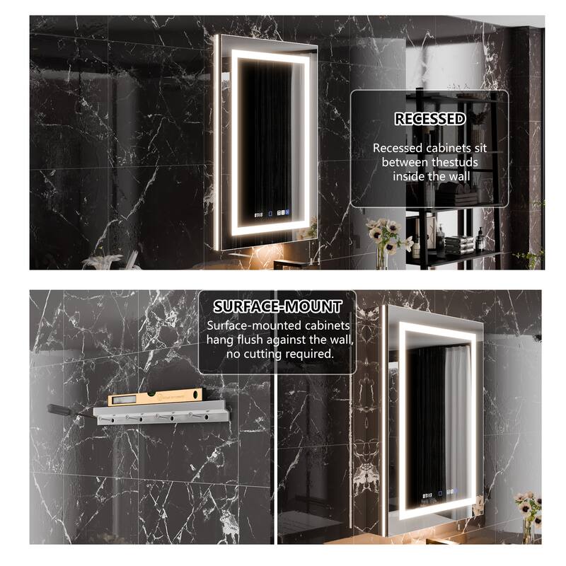 36'' H Recessed or Surface Mounted Bathroom LED Mirror Cabinet With Defogger, Dimmer, 10x magnifying