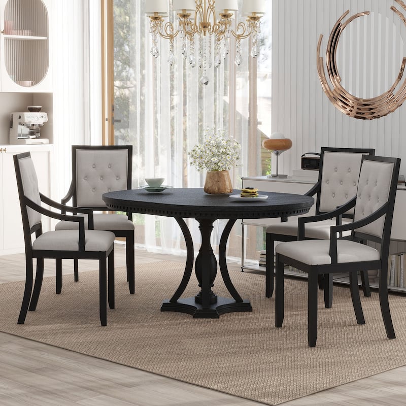 5-Piece Retro Dining Set with Extendable Fluted-Edge Table & Tufted Armchairs by Harper&Bright Designs - Black