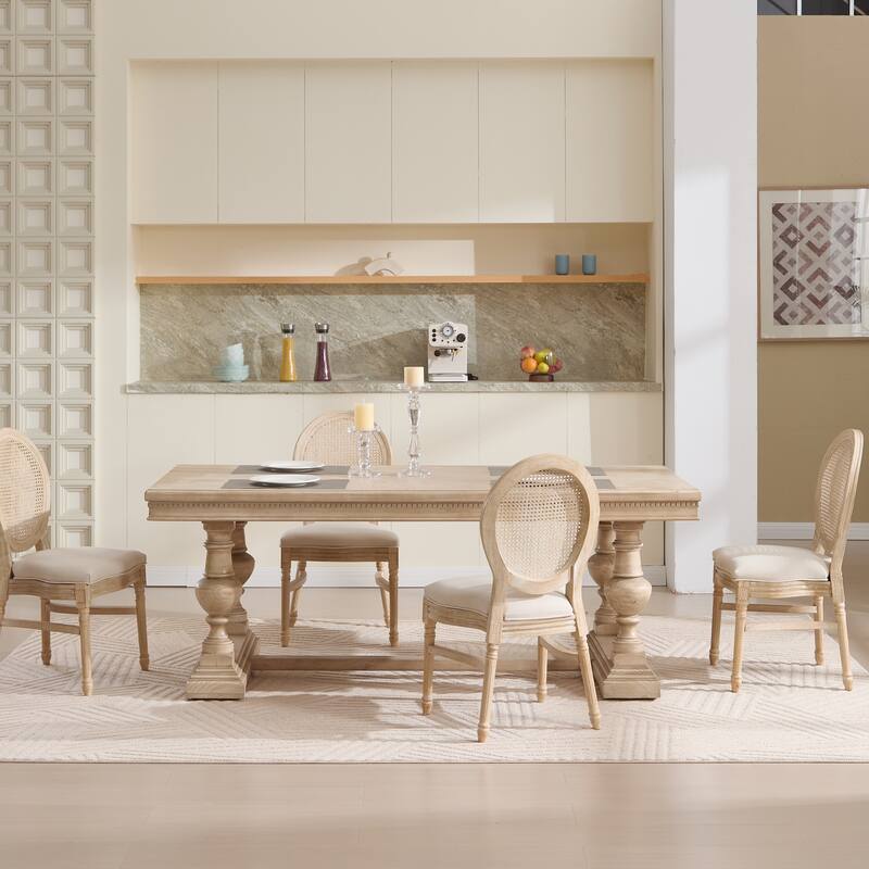 French Country Dining Chairs Set of 2, Upholstered Chairs with Nature Rattan Round Back, Wire drawing and carving techniques