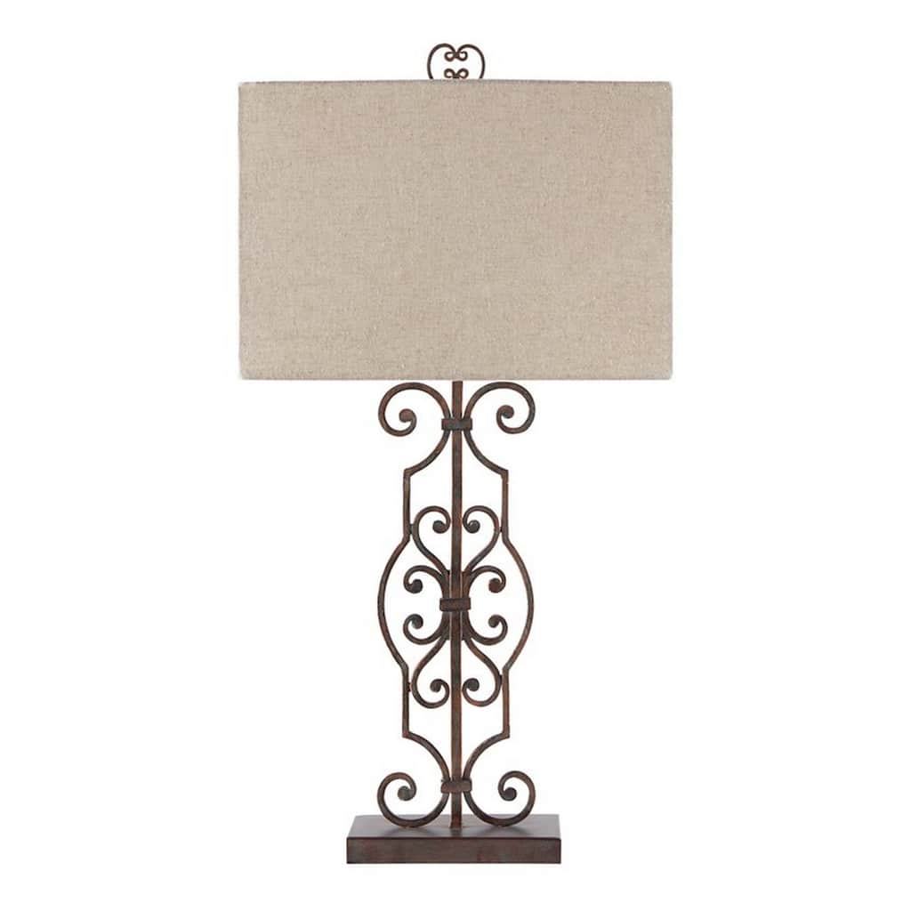 Metal Table Lamp with Scrolled Details and Fabric Shade, Bronze and Beige
