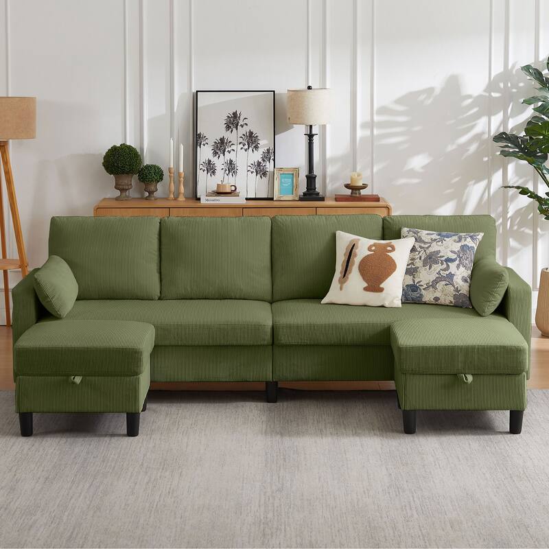 101" Corduroy U Shaped Sectional Sofa with Storage Ottoman - Green - U Shaped