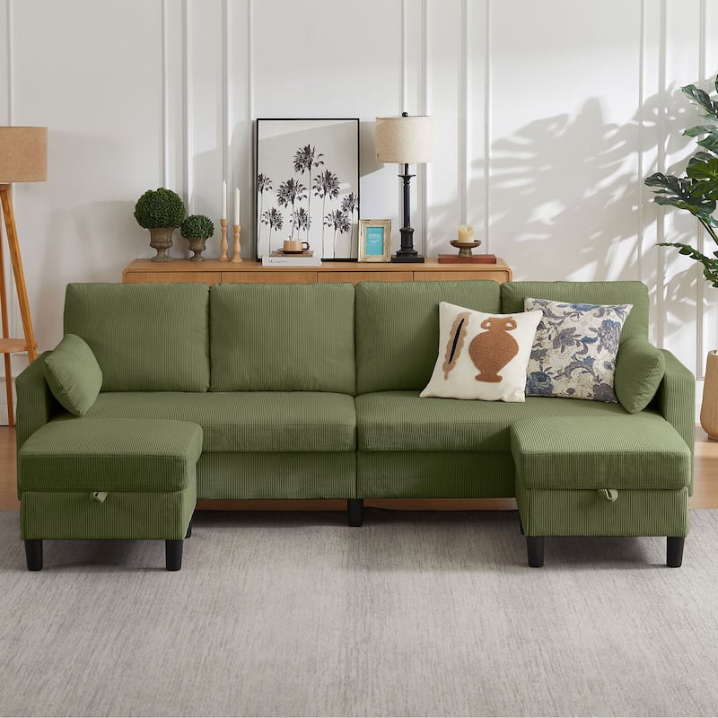 101'' Corduroy Upholstered Sectional Sofa With Storage Ottoman - Olive Green - U Shaped