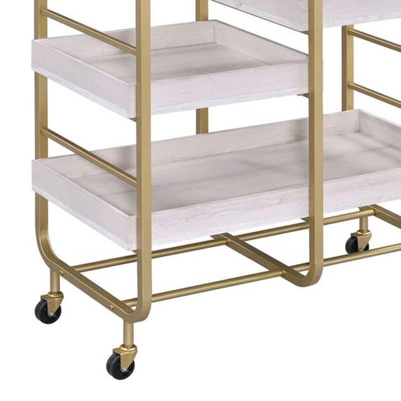 Metal Frame Serving Cart with Adjustable Compartments,Gold and Washed White