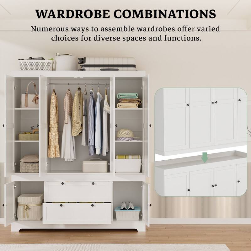 Gyomojoy Large White Wardrobe Closet with Drawers & Doors, Modular Armoire with Hanging Rods, Apartment & Dorm Storage