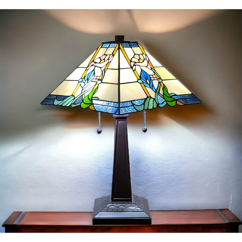 HomeRoots 23" Stained Glass Multicolored Vintage Two Light Mission Style Table Lamp - 21 x 22 x 11