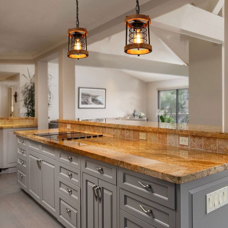 Farmhouse 1-Light Cylinder Wood Grain Metal Cage Kitchen Island Pendant Light Adjustable- Brown - D7" x H11"