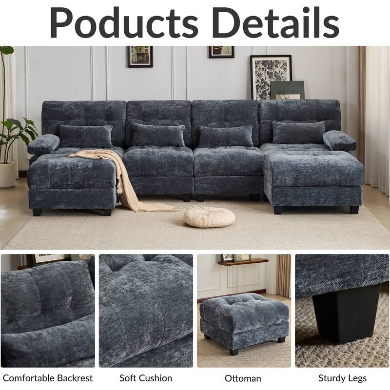 119" 4-Seater Chenille Sofa with 2 Ottomans, 4-Position Adjustable Backrest, 4 Pillows and Easy Assembly for Living Room