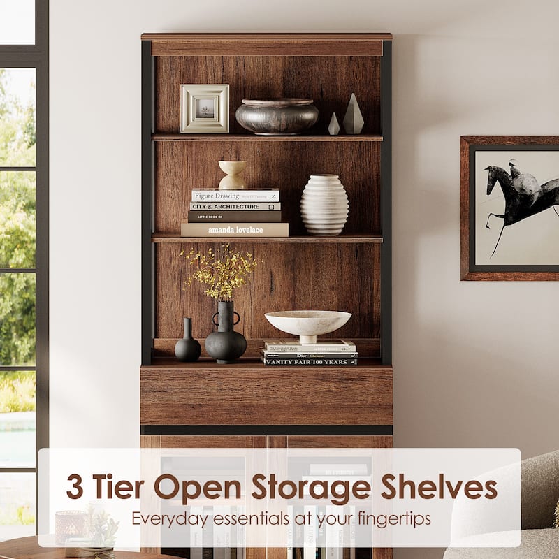 Modern Farmhouse Buffet Cabinet with 3 Tiers and 4 Cabinets, Wooden Sideboard for Dining Room or Kitchen