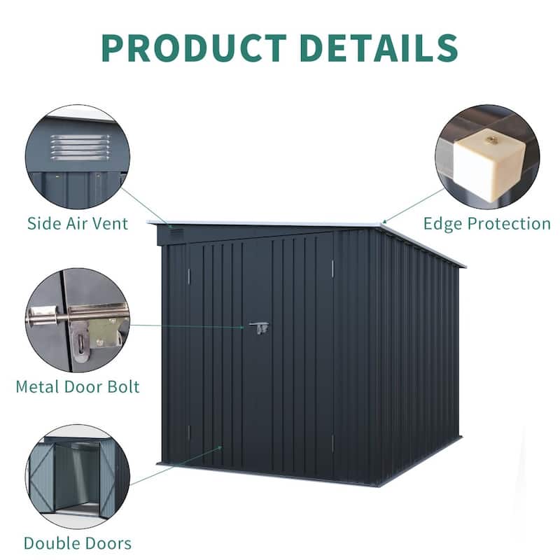6 x 8 FT Modern Outdoor Galvanized Steel Storage Shed with Lockable Double Doors for Tools