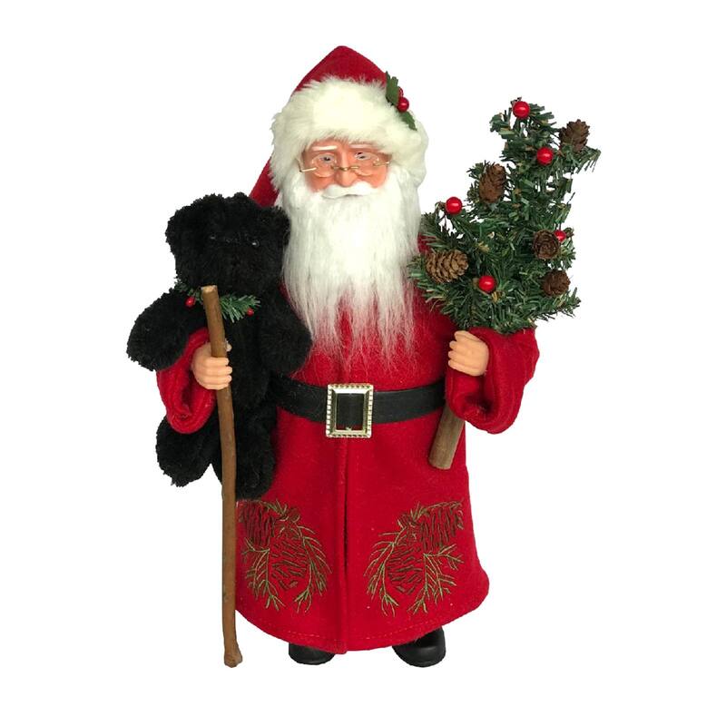 15" Santa Claus with Black Bear and Tree Standing Christmas Figurine