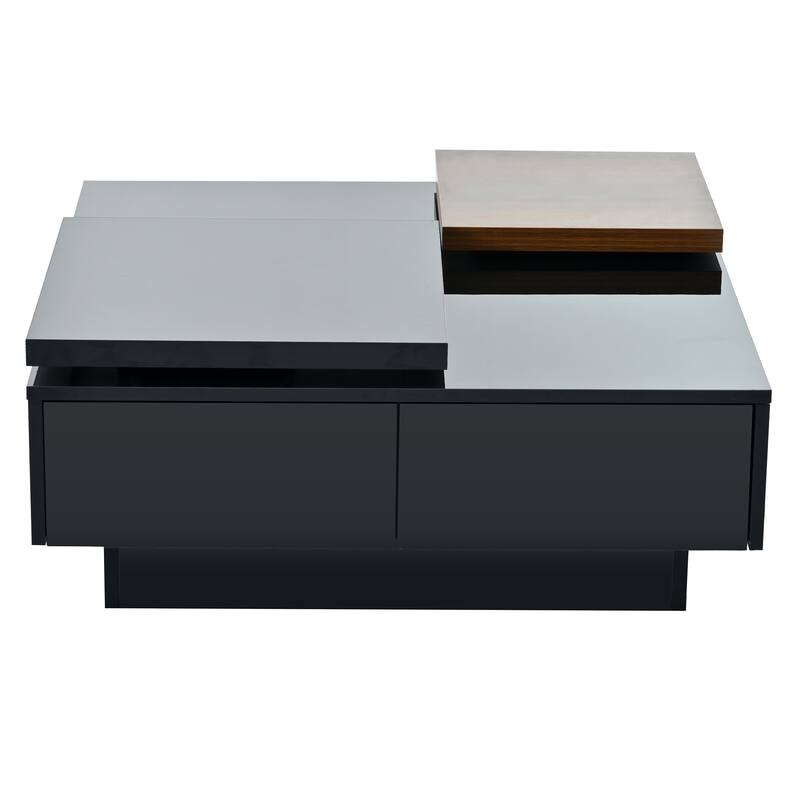 Black Modern Square Wood Coffee Table with Movable Top, High Gloss Finish, 4 Hidden Storage Drawers for Living Room