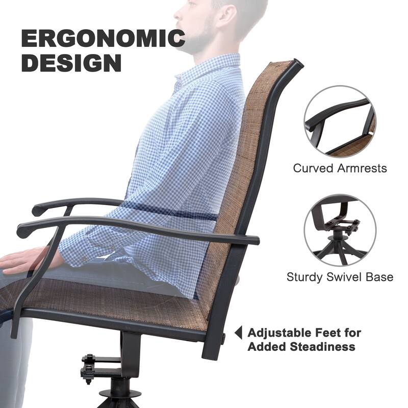Brown Swivel Textilene and Iron Outdoor Patio Chairs with Powder-coated Finish