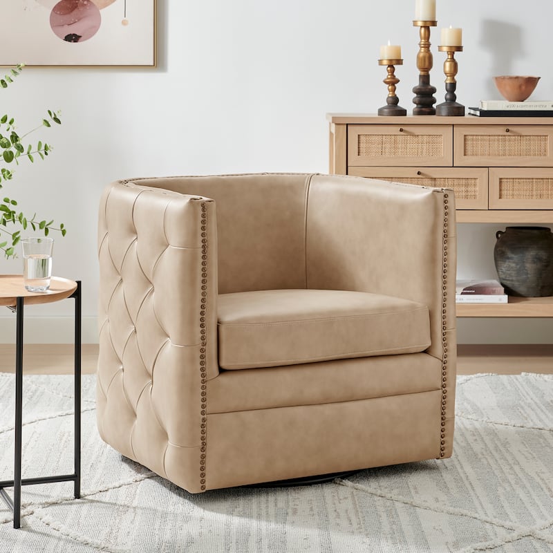 NPD Furniture Leslie Top Grain Leather Swivel Tufted Chair - Cream
