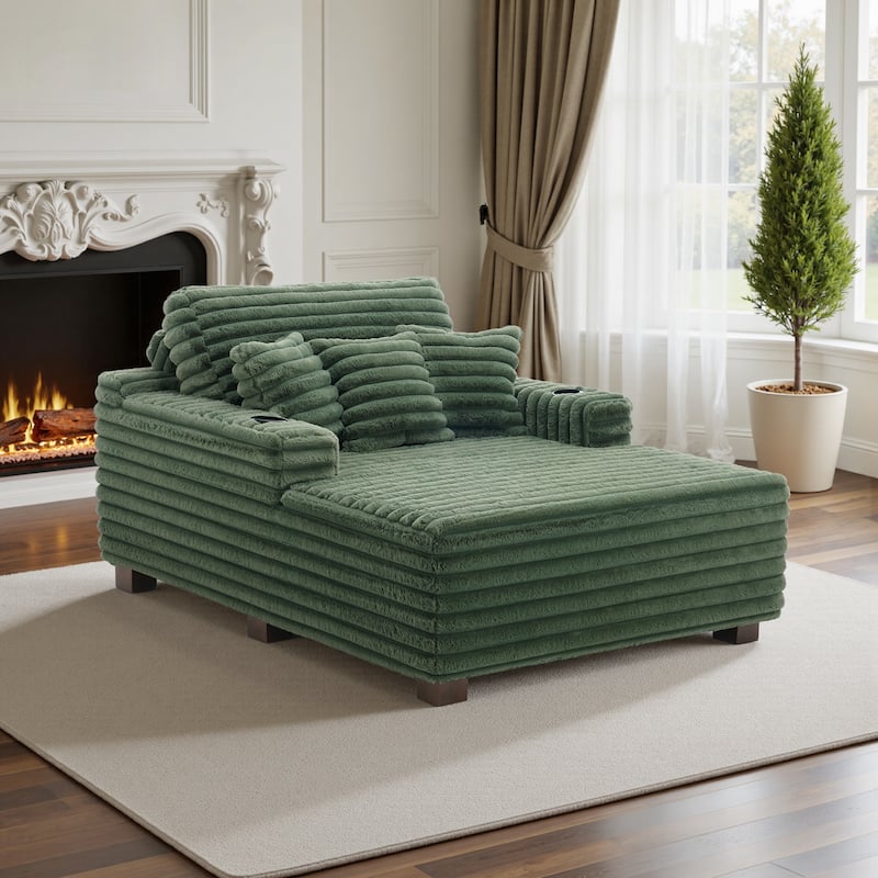 Indoor Oversized Plush Chaise Lounge with Pillows and Cup Holder - Green