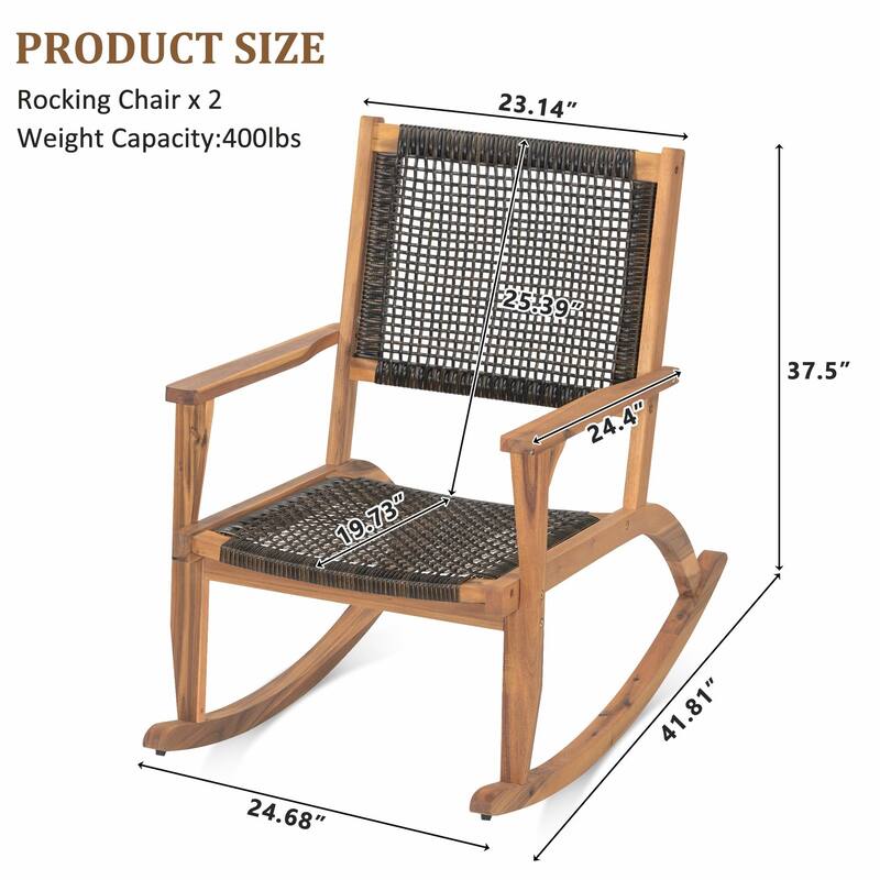 Outdoor Rocking Chair Set - 2 Acacia Wood Rockers with Wicker Rattan Seat & Backrest