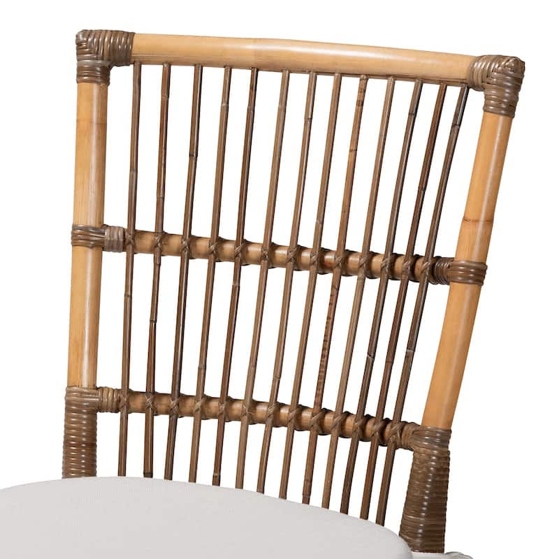 Kim Modern Bohemian White Fabric and Natural Brown Rattan Dining Chair