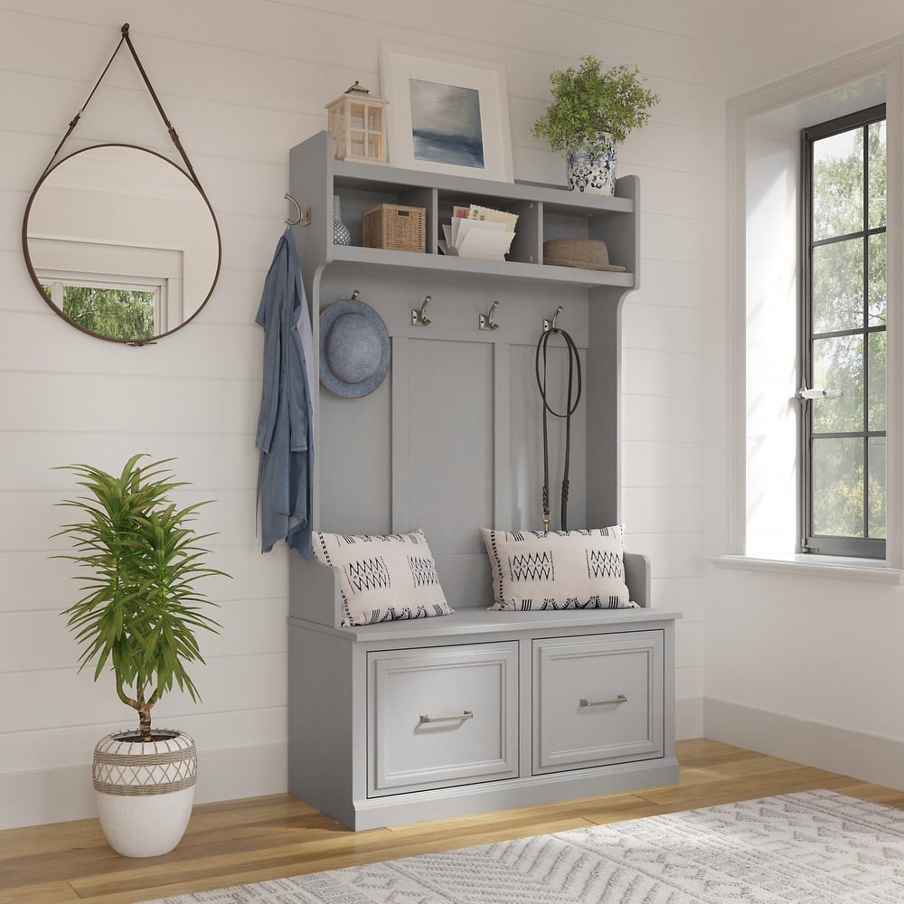 Woodland 40W Hall Tree and Shoe Bench with Doors by Bush Furniture
