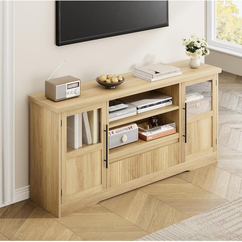 Retro TV Stand for 75 Inch TV Media Console with 2 Glass Cabinets & Open Shelves - N/A