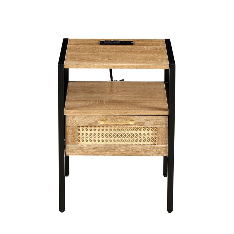 Rattan Nightstand With Power Outlet & Usb Ports With Drawer And Metal Legs