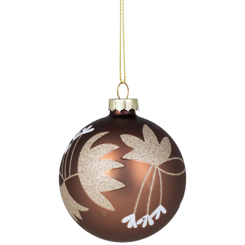 4ct Brown Gold 2-Finish Floral Glass Christmas Ball Ornaments 3.25"