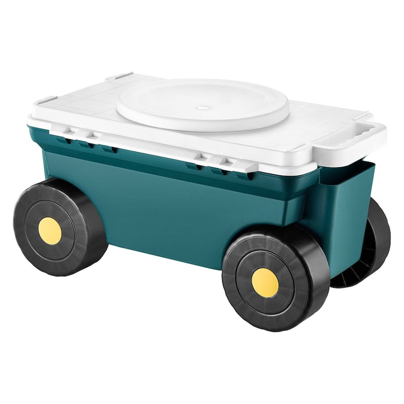 Grey and Green Plastic Rolling Garden Cart with 360 Seat and Storage Compartment - 20.47×12.20×11.02 inches