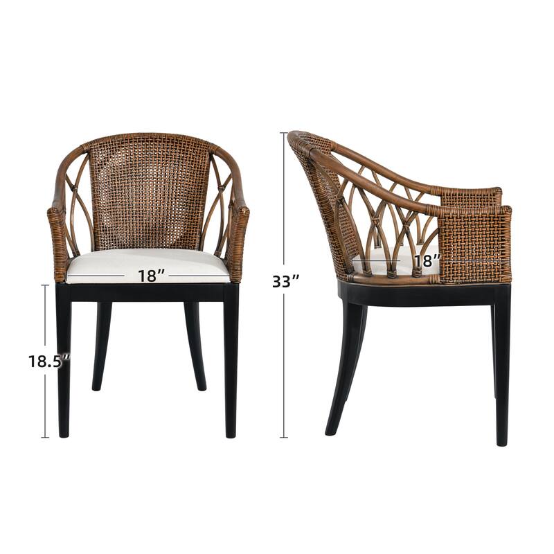 Bohemian 18" Seat W Rattan Barrel Arm chair with Upholstered Seat Accent Chair