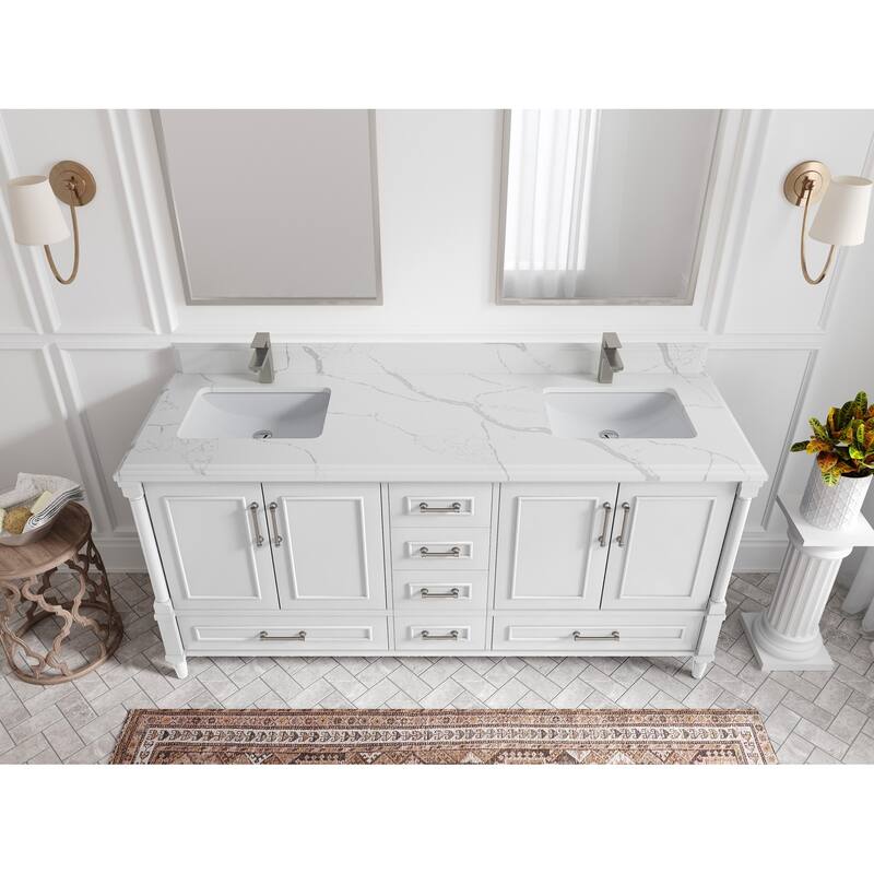 Willow Collections 72 in. W x 22 in. D Aberdeen Double Sink Bathroom Vanity with Countertops - 1.5" Calacatta Laza - White
