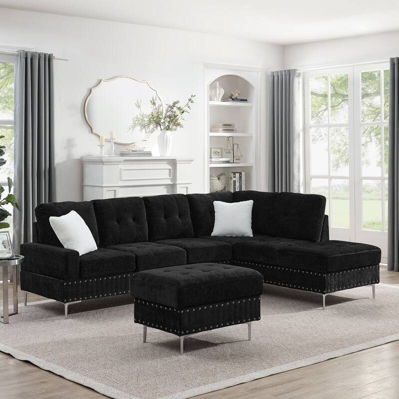 Roomfitters Sectional 3-Seater Sofa with Chaise, Storage Ottoman, Metal Legs, Nailhead Trim and Two Pillows