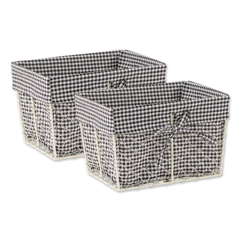 Antique White Chicken Wire Lemon Print Liner Basket (Set of 2) Medium - Antique Black & White Gingham Check