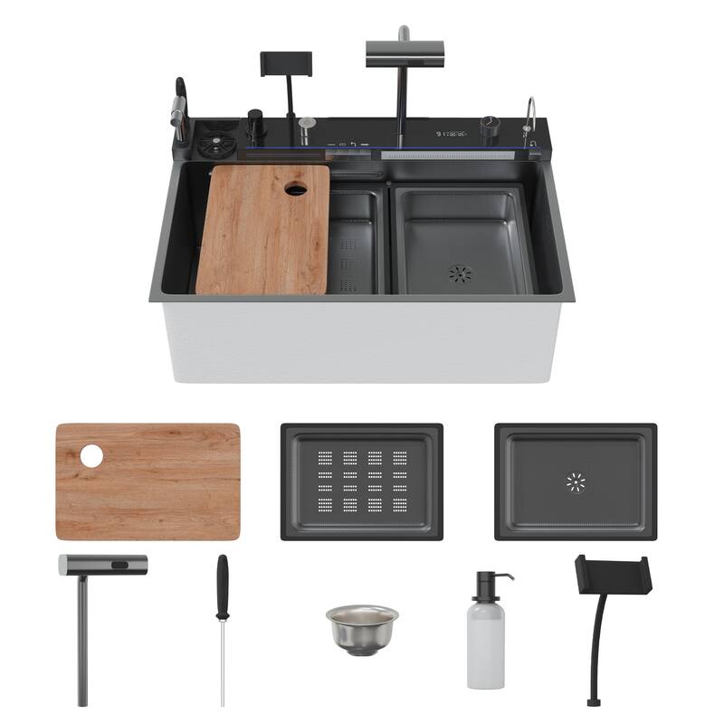 29.4 Inch Smart Kitchen Sink Workstation with LED Display, Multi-Function Faucet, Cutting Board & Drain Control